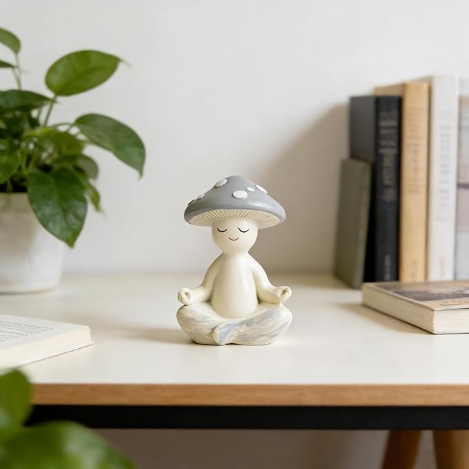 Meditation Mushroom Resin Statue - Cute Meditation Mushroom Statue for Desk Living Room Resin Figurine for Home Patio Office Decoration Cute Plant Statues for Tabletop Garden Backyard Decor