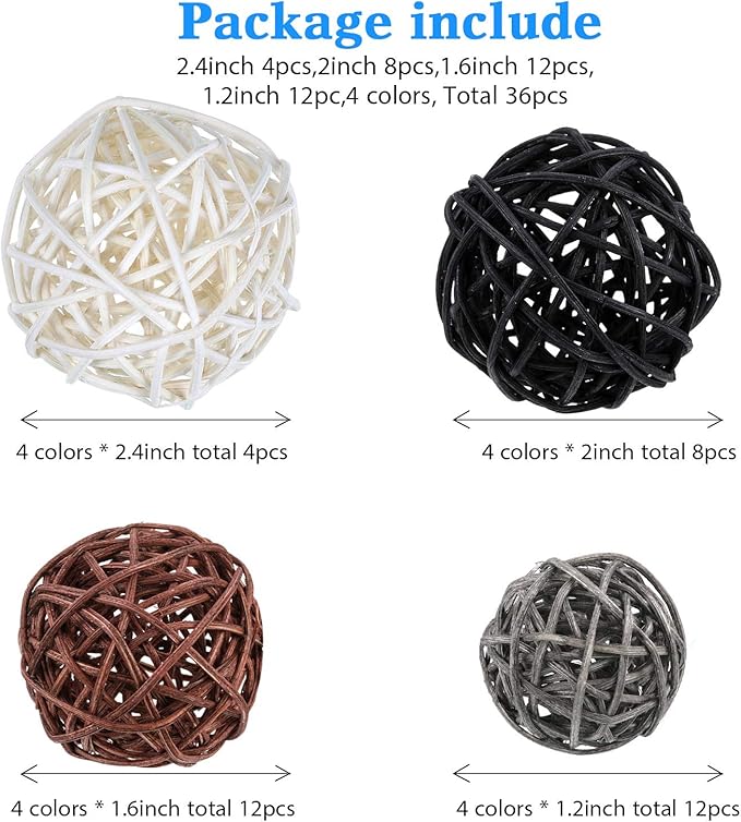 Patelai 36 Pcs Wicker Rattan Balls Decorative Balls for Vase Centerpiece Bowls Orbs Filler for Home Decor,4 Sizes(White, Dark Gray, Brown, Black,2.4'',2'',1.6'',1.2'')
