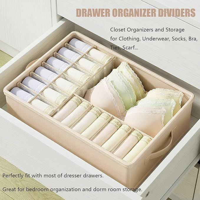 1 Pack Drawer Organizer Dividers with Lid, 17 Cell Underwear Organizer for Closet Organizers and Storage Boxes, Foldable Wardrobe Clothes Storage Bins for Underwear, Socks, Bras, Ties, Lingerie