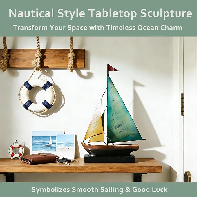 Retro Metal Sailboat Decor, Iron Nautical Sculpture for Home, Vintage Boat Figurine for Living Room Table, Office Desk, Bookshelf, Coastal Style Decoration (Lake Blue & Yellow)