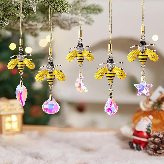 5PCS Hanging Decorations Xmas Tree Hanging Metal Bee Ornaments Gold Bee Mini Crystal Prism Suncatchers for Party Wedding Home Decor