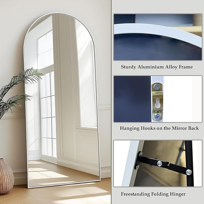 Dewfig Arched White Full Length Mirror, 71"X30" Large Floor Mirror, Full Body Mirrors for Leaning or Hanging, Standing Mirrors for Bedroom, Living Room,Dressing Room, Aluminum Alloy Frame, White