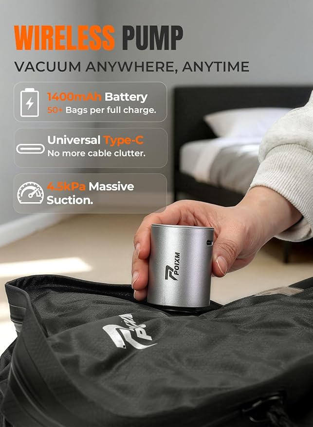 Vacuum Bags for Travel with Wireless Pump, 180° Open Zipper, IP67 Waterproof, Reusable Space Saver Compression Bags for Home Storage, Backpack, Suitcase(3 Pack + Pump)