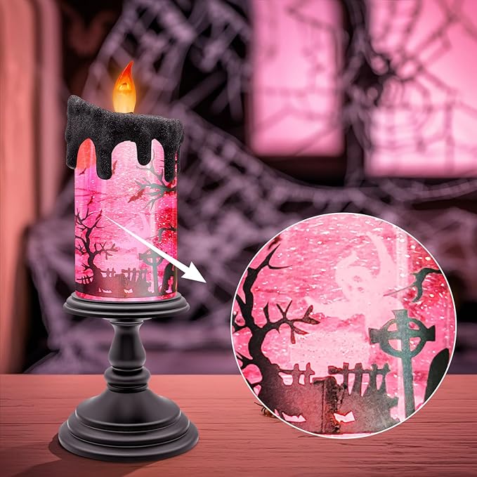Halloween Snow Globe Candle with Pink Graveyard Scene – LED Flameless Candle with Water Glitter Swirls, Battery Operated Light Up Halloween Decoration for Indoor Tabletop or Mantel