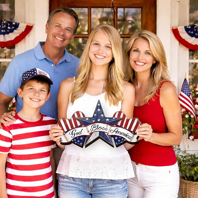 Wooden 4th of July Decorations Patriotic Wreath Independence Day Decorations Front Door with Star Sign god Bless America Sign Welcome Memorial Day Hanging for Home Wall Decor Outdoor Indoor