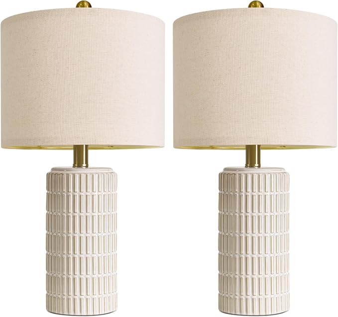PoKat 20.75" Small Modern Ceramic Table Lamps Set of 2 for Bedroom, White Bedside Lamps for Night Stands, Farmhouse Desk Home Decor Gift Nightstand Table Lamps for Living Room End Table Beige
