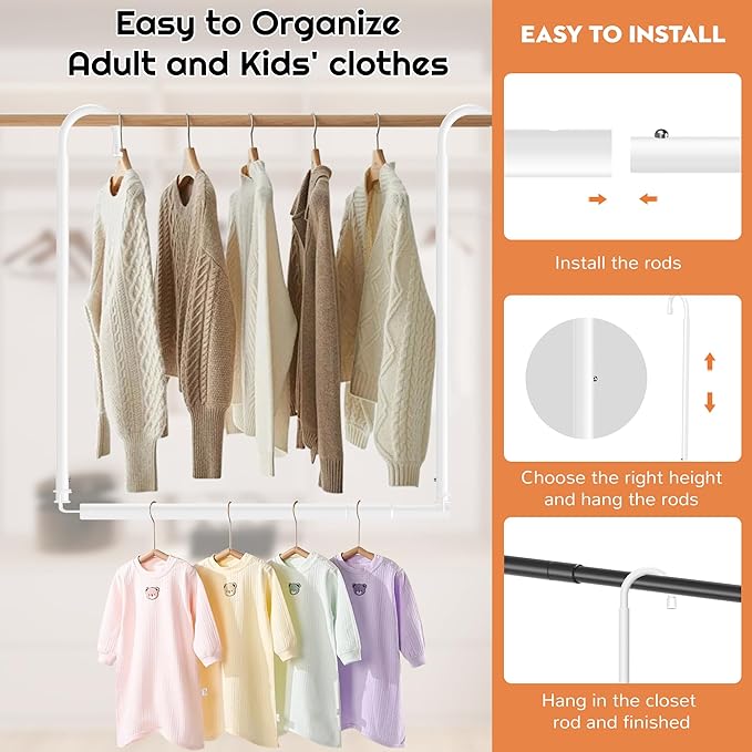 Hanging Closet Rod Adjustable Width Height Closet Rod For Hanging Clothes White 2 Pack Closet Extender Hanging Rod Clothes Space-Saving Hanging Bar Organizer