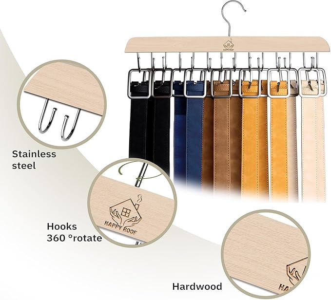 Belt Hanger for Closet, 14 Hooks Sturdy Wood Rack - Rotating Organizer for Belts, Scarf, Ties & Accessories