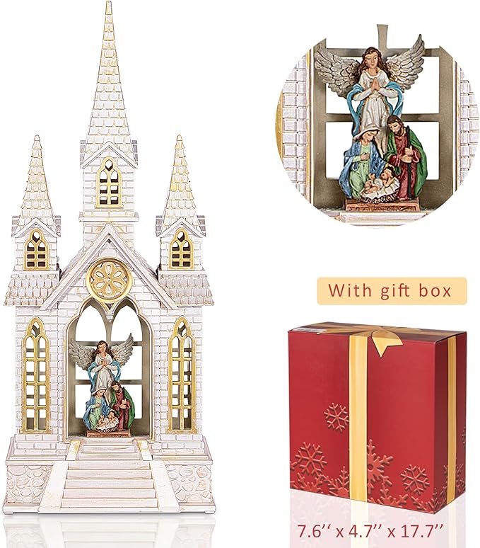 Church Snow Globe Lighted,Christmas Snow Lantern,Angel Holy Family Nativity Christmas Eve Glitter Snow Globe with Musical,Christian Decorations Indoor,Two Power Modes of Church Snow Globes