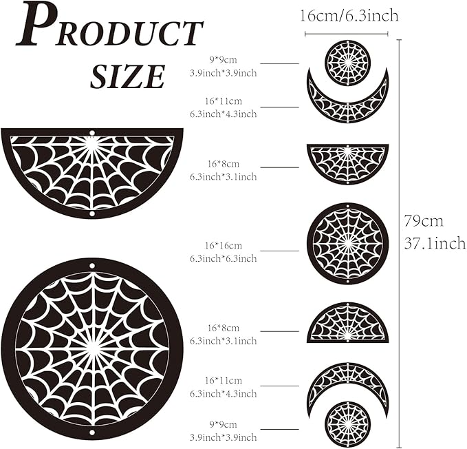 CREATCABIN 7Pcs Spider Web Moon Phase Wall Hanging Halloween Moon Cycle Bohemian Wall Decor Moon Wooden Ornaments Hang Vertical Decorative Gifts for Home Farmhouse Gallery Apartment Bar 37.1x6.3in