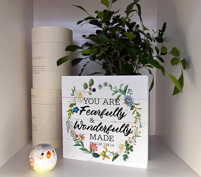 Christian Wood Signs, Bible Verse Psalm 139:14 - You are Fearfully & Wonderfully Made, Box Sign Decor Tabletop, Inspirational Wood Plaque, Wood Table Signs, Country Style Home Decor, Christian Gift