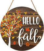 Hello Fall Wreath for Front Door Fall Tree Welcome Door Sign 12x12 Inch Autumn Maple Leaves Wood Door Hanger Farmhouse Thanksgiving Hanging Plaque for Home Porch Wall Indoor Outdoor Decorations