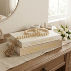 Decorative Fake Books Storage Set - 3-Piece Linen Coffee Table Decor (2 Faux Books + 1 Wood Bead Garland), Neutral Boho Japandi Room Styling Props for Bookshelf & Entryway (Khaki/Off-White)
