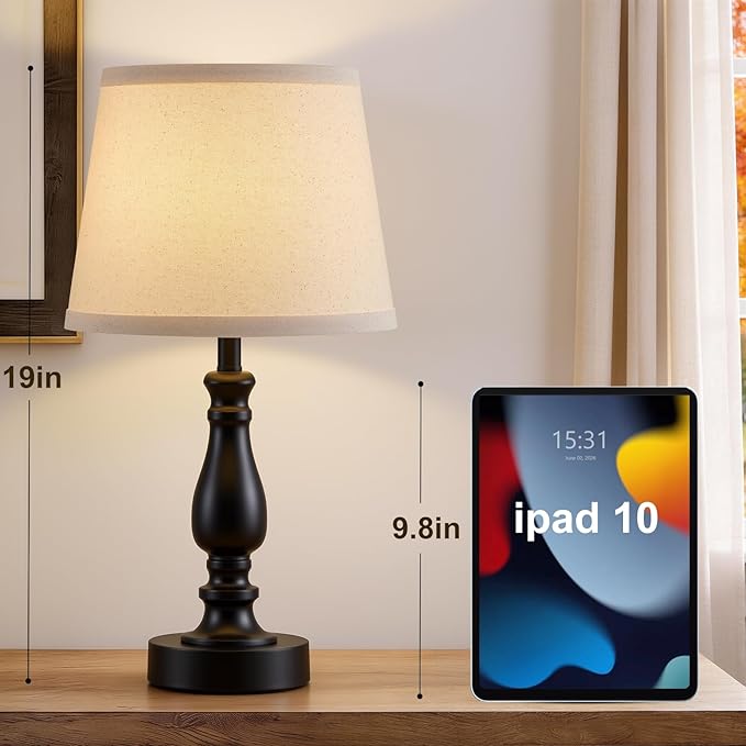 Lamp for Bedroom Set of 2 - 19" Small Bedside Table Lamps with Rotary Swithch - Modern Lamps for Living Room Night stands - Desk Lamps for Home Office End Tables with Fabric Linen shade for Reading