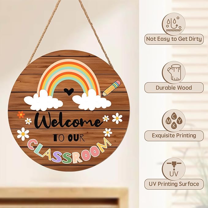 Harooni Welcome Sign for Classroom Door Sign Welcome to Our Classroom Door Decorations 12"x12" Rainbow Classroom Welcome Door Hanger Wreath Signs for School Classroom Door Hanger Teacher Gift Bulletin