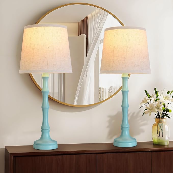 Lamps Set of 2 Modern Farmhouse Table Lamp Bedside Reading Lamps Living Room End Tables Set Lamps for Night Stands Bedroom Night Lamp,High 27 Inch,Green,With Fabric Lamp Shade,Bulb Not Included