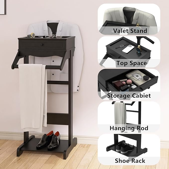 Clothes Valet Stand for Men, Wooden Clothing Rack with Drawer, Hanger, Tray, Drawer, Rods, Women Garment Valet for Bedroom, Living Room, Entryway, Office, Black