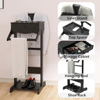 Men's Valet Stand with Tray, Black Wood Clothes Stand, Freestanding Garment Rack Organizer for Enterway, Office, Bedroom