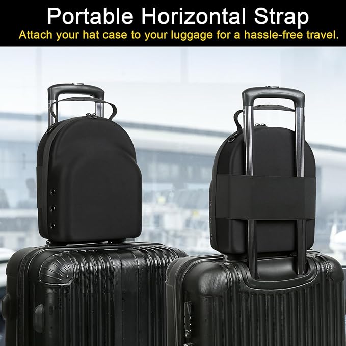 Hard Baseball Hat Case with 6pcs Hat Hooks, Hat Carrier Travel Case with Adjustable Shoulder Strap, Hat Cap Case for 6 Baseball Caps - Perfect for Traveling (Black)
