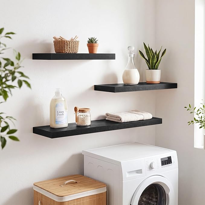 RICHFOCUS 28Inch Floating Shelves for Wall 2 Pack Shelves for Bedroom|Kitchen|Bathroom|Laundry Room Rustic Wood Wall Mounted Shelf with Invisible Brackets for Books|Storage|Decor, Black