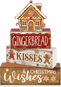 Moucuny 4 Pcs Christmas Table Decoration Gingerbread House Wooden Stacked Block Decor Gingerbread Centerpiece Block Signs Rustic Christmas Tiered Tray Decoration for Home Kitchen Coffee Bar