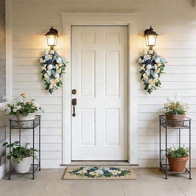Idyllic 25 Inch Spring Blue Rose Door Hanging Artificial Floral Swag for Front Door Window Porch Stair Railing Spring Holiday Indoor Outdoor Home Decor