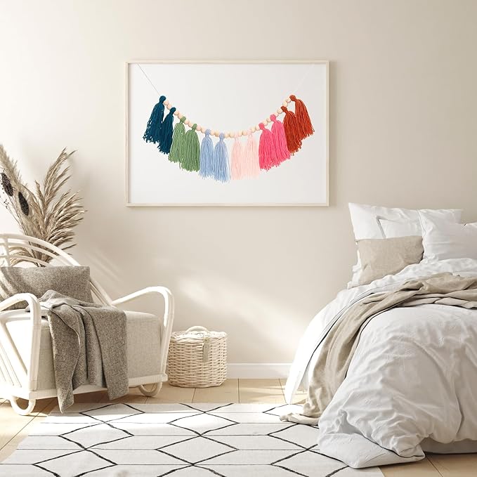 Boho Tassel Garland Yarn Bunting Banner with Wood Bead for Kids Nursery Room Bedroom Wall Hanging Decor Birthday Party Baby Shower Wedding Decor