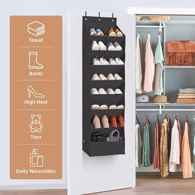STORAGE MANIAC Over the Door Shoe Organizer Heavy-Duty Large Deep Pocket Hanging Shoe Organizer Shoe Rack Door Closet Shoe Organizer for Wall, Dorm & Narrow Door Storage Shoe Holder Black, 2 Pack