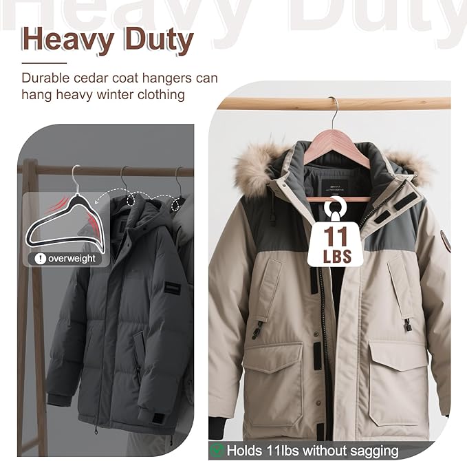 HOUSE DAY Cedar Hangers for Closet, Smooth Cedar Wood Hangers 10 Pack with Rings, 360° Swivel Hook, U-Shape Notched, Non Slip Pant Bar, Sturdy Wooden Clothes Hanger for Coats, Dresses, Suits