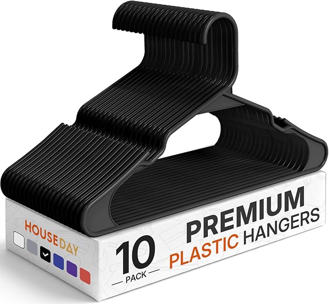 HOUSE DAY Premium Plastic Hangers 10 Pack, Clothes Hanger Space Saving, Heavy Duty Coat Hanger - Durable and Strong Closet Organizers and Storage Makes It Ideal Dorm Room Essentials (Black)