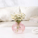 Pink Glass Vase for Tulips, Ribbed Glass Vase for Flowers, Round Flower Vases, Small Short Vases for Living Room, Office, Coffee Table, Shelf, Wedding, 6 Inches