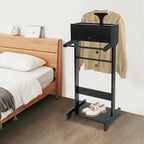 33 Lbs Capacity Wood Valet Stand, Clothes Valet Rack with Drawer Top Tray, Freestanding Clothing Stand with Contour Hanger Trouser Bar Tie & Belt Hooks and Shoe Rack, Black