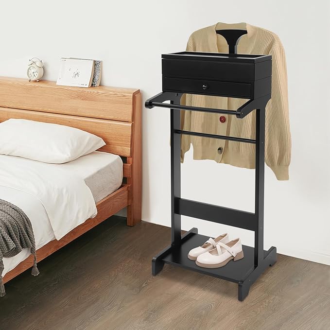 Valet Stand for Men, Freestanding Wooden Suit Stand Clothes Butler Valet Stand, Large Storage Clothes Valet Suit Display Rack, Storage Organizer for Bedrooms, Clothing stores