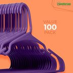 NEATERIZE Clothes Hangers Plastic 100 Pack for Adults - Plastic Hangers, The Perfect Coat Hanger and Space Saving Clothes Hangers for Closet - Purple Hangers