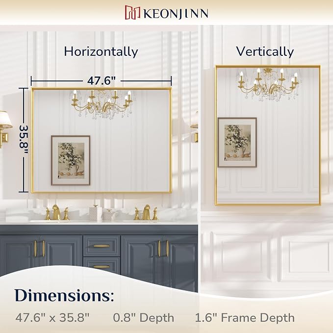 Keonjinn Gold Bathroom Mirror 48 x 36 Inch, Brushed Gold Metal Framed Mirror, Rectangular Square Corner Large Vanity Mirrors for Wall, Oversized Rectangle Mirrors for Over Sink