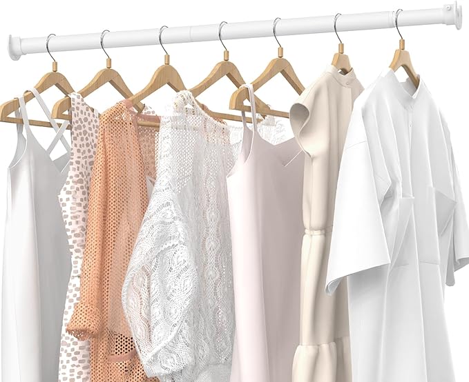 Closet Rods for Hanging Clothes, 17 to 99 Inches Stepless Adjustable Metal Closet Rod, 1.3 Inches Heavy Duty Clothes Hanging Rod for Closet Wardrobes Laundry RV, White