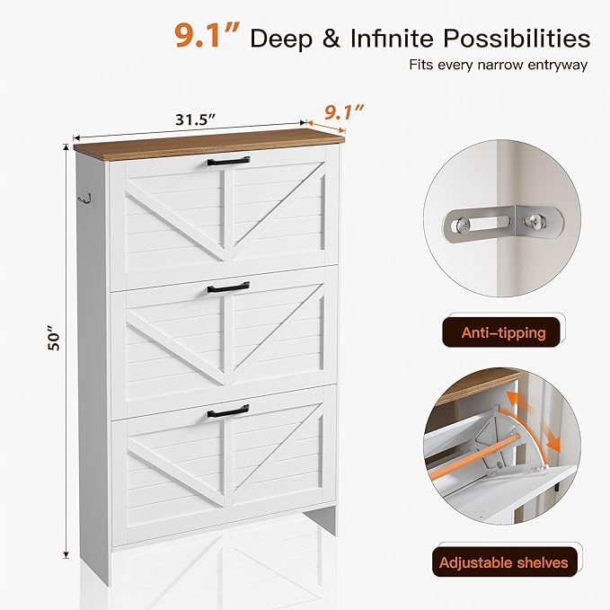 Nicetree Barn Door Shoe Cabinet for Entryway - Modern Farmhouse Shoe Storage Cabinet with 3 Flip Drawers - Slim Hidden Shoe Organizer for 24-32 Pairs - Fits Size 12 Work Boots White