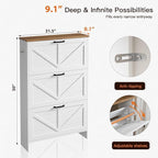 Nicetree Barn Door Shoe Cabinet for Entryway - Modern Farmhouse Shoe Storage Cabinet with 3 Flip Drawers - Slim Hidden Shoe Organizer for 24-32 Pairs - Fits Size 12 Work Boots White