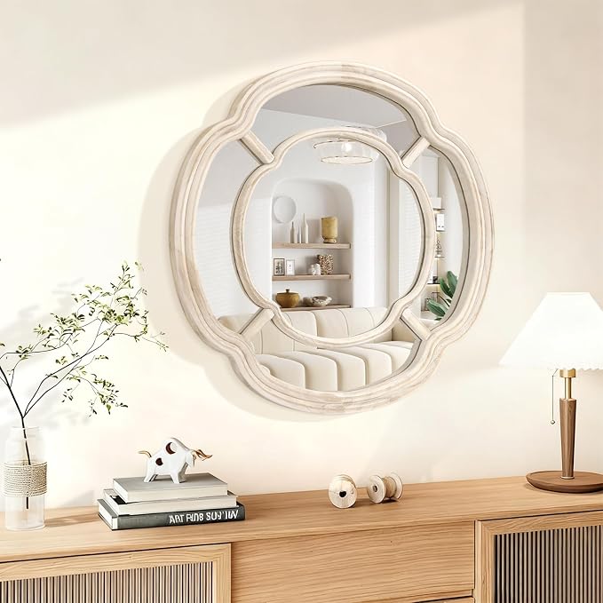 White Irregular Mirror, Wall Mounted Wavy Circle Mirror Wood Frame Round Hanging Decorative Mirros for Entryway Living Room Vanity and Bedroom, 20 Inch Home Decor