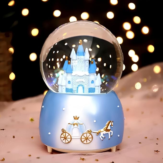 Blue Castle Snow Globes, Girls Music Snowglobes with LED 7 Colors Lights, Automatic Snow Fall Effect, Home Decor for Kids Room Essentials, Gifts for Birthday Christmas Valentines Mother's Day (Blue)