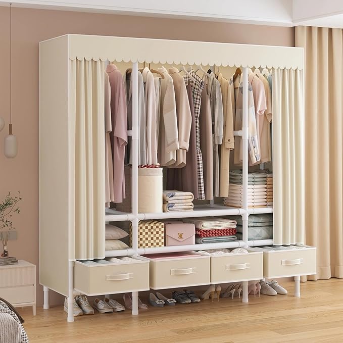 Portable Closet,Garment Rack,Heavy Duty Clothes Rack with Cover,Wardrobe Closet with 3 Hanging Rods, 6 Storage Shelves and 4 Drawers,55.1" L x 17.7" W x 67.7" H,Pale Yellow
