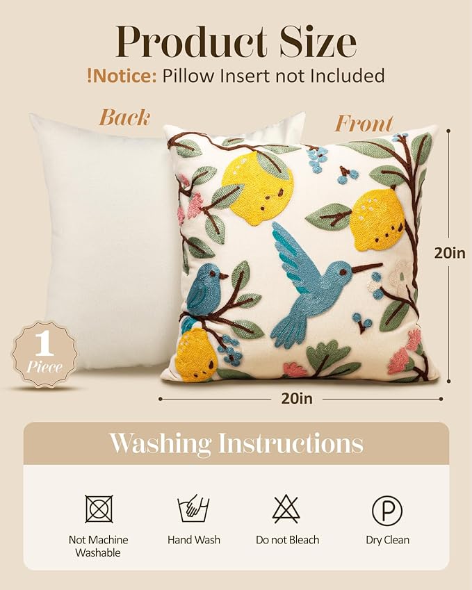 Embroidered Throw Pillow Cover 20x20 Inch - Spring Summer Boho Decorative Pillow Cover with Zipper for Living Room Couch Sofa Bed Aesthetic Design Bird Lemon Cushion Pillowcase