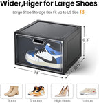 8 Pack Shoe Boxes Black Plastic Stackable, Large Shoe Storage Organizer,Drop Side Front Shoe Containers for Entryway,Sneaker Storage Fit up to US Size 13 for Men/Women(13’’x 10.6”x 8.3”)