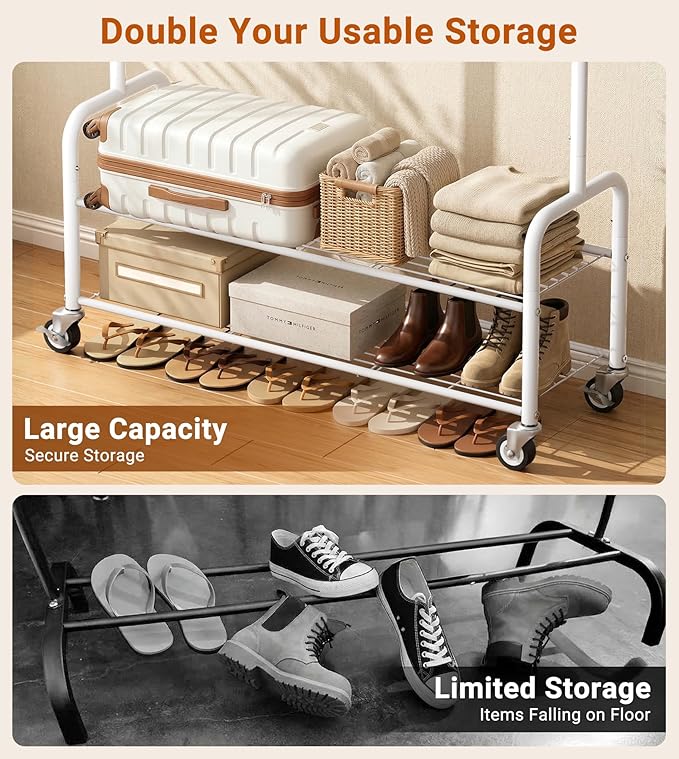 AOODA Heavy Duty Clothes Rack with Shelves, 46.5'' Metal Rolling Clothing Racks for Hanging Clothes, Wardrobe Garment Rack with Lockable Wheels for Coats, Shirts, Shoe Boxes (White)