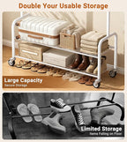 AOODA Heavy Duty Clothes Rack with Shelves, 46.5'' Metal Rolling Clothing Racks for Hanging Clothes, Wardrobe Garment Rack with Lockable Wheels for Coats, Shirts, Shoe Boxes (White)