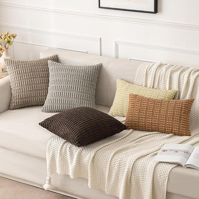 MIULEE Pack of 2 Corduroy Decorative Throw Pillow Covers 18x18 Inch Soft Boho Striped Pillow Covers Modern Farmhouse Home Decor for Sofa Living Room Couch Bed Brown