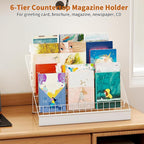 6-Tier 30" Wide Metal Magazine Holders,Wire Countertop Rack with Sign Channel,Retail Book Brochure Magazine Display Stand Literature Greeting CD Card Rack for Book Signing,Vendor Booth (White)