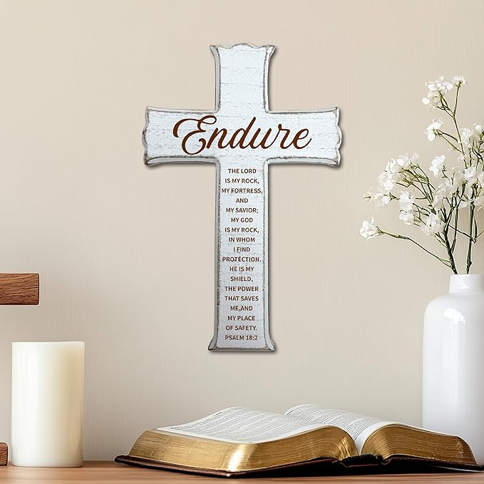 dsjaidh Cross Wall Decor - White Scripture Wooden Cross For Wall - Minimalist Wooden Hanging Signs Christian Easter Decor for Home Office Church Baptism - Christian Gifts for Men Women (Endure)- A01