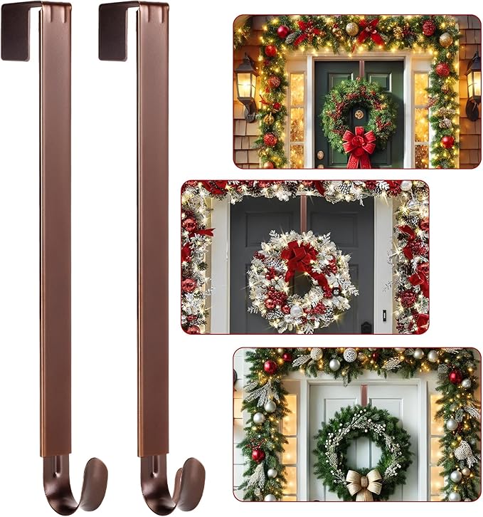 2 Pack Wreath Hanger for Front Door, 20 lbs Christmas Wreath Door Hanger, Non Scratch Over the Door Hooks for Xmas Easter Halloween Fall Wreaths Décor Welcome Sign, Adjustable from 15 to 25 in Hangers