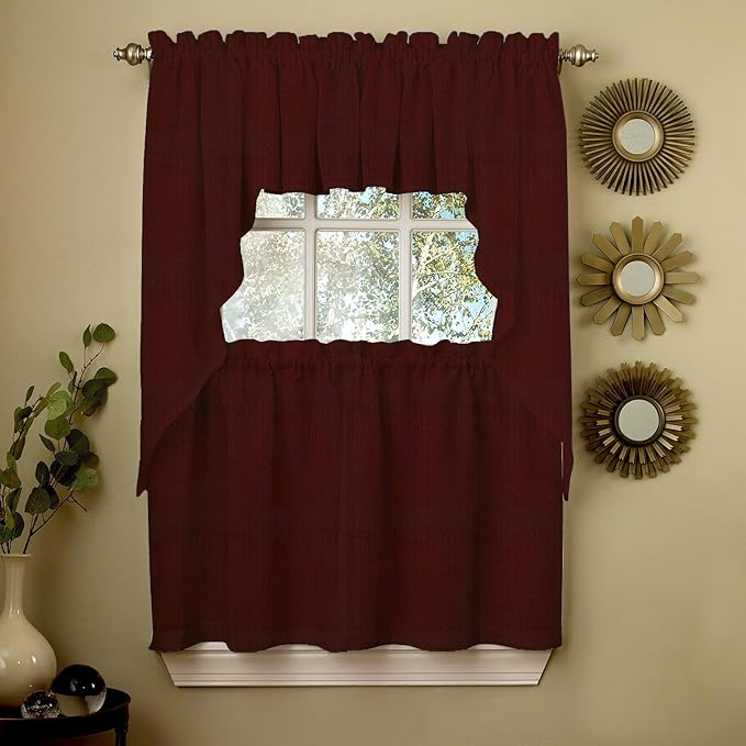 Sweet Home Collection 5 Pc Kitchen Curtain Valance Swag Choice of 24" Pair, 36" Tier Set, Ribcord Wine
